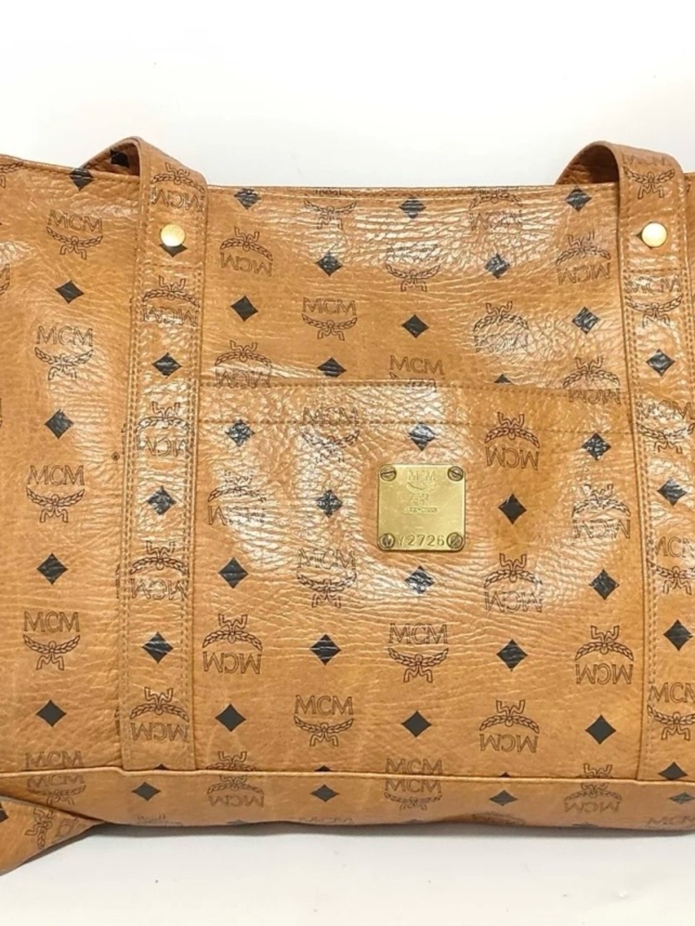 MCM Cognac Visetos Monogram Tote with Gold Plaque